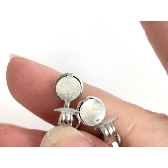 Silver Toned Silver Cylinder Rhinestone Vintage Clip On Dangle Earrings - Picture 6 of 10